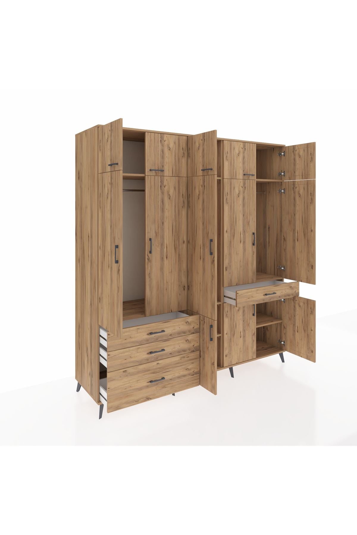 Kronos Dolap 8 Raflı 4 Çekmeceli 3 Askılı 220x59x243 Çam-Çam/Çam