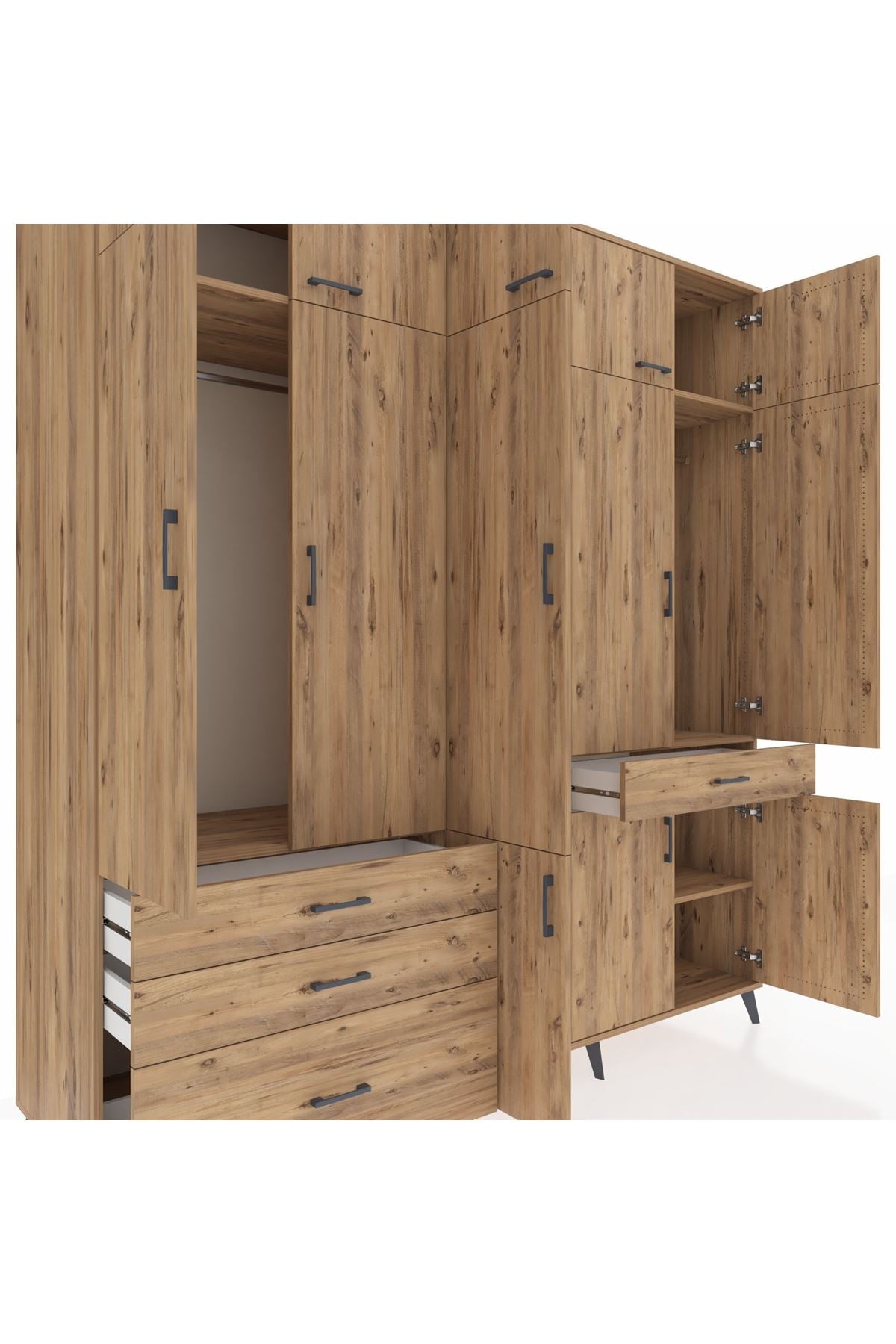 Kronos Dolap 8 Raflı 4 Çekmeceli 3 Askılı 220x59x243 Çam-Çam/Çam