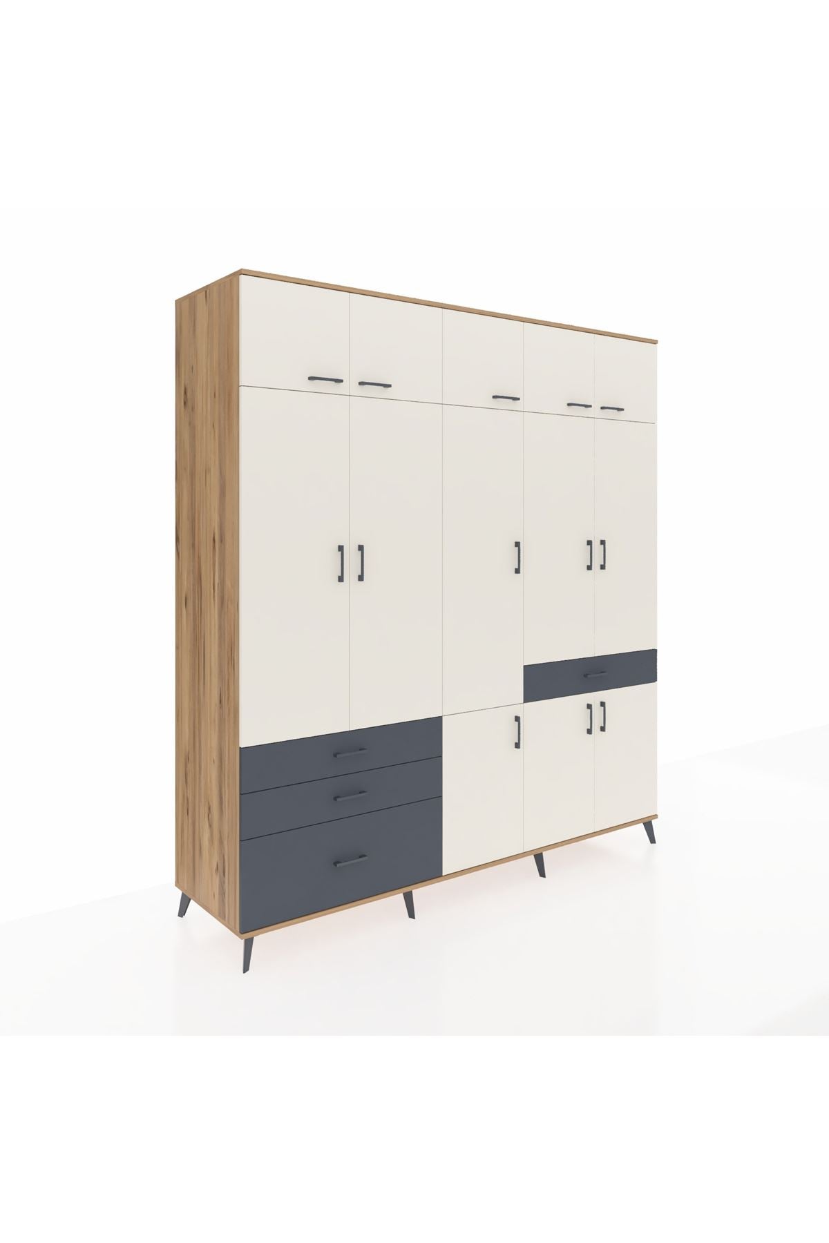 Kronos Dolap 8 Raflı 4 Çekmeceli 3 Askılı 220x59x243 Çam-Aytaşı/Antrasit