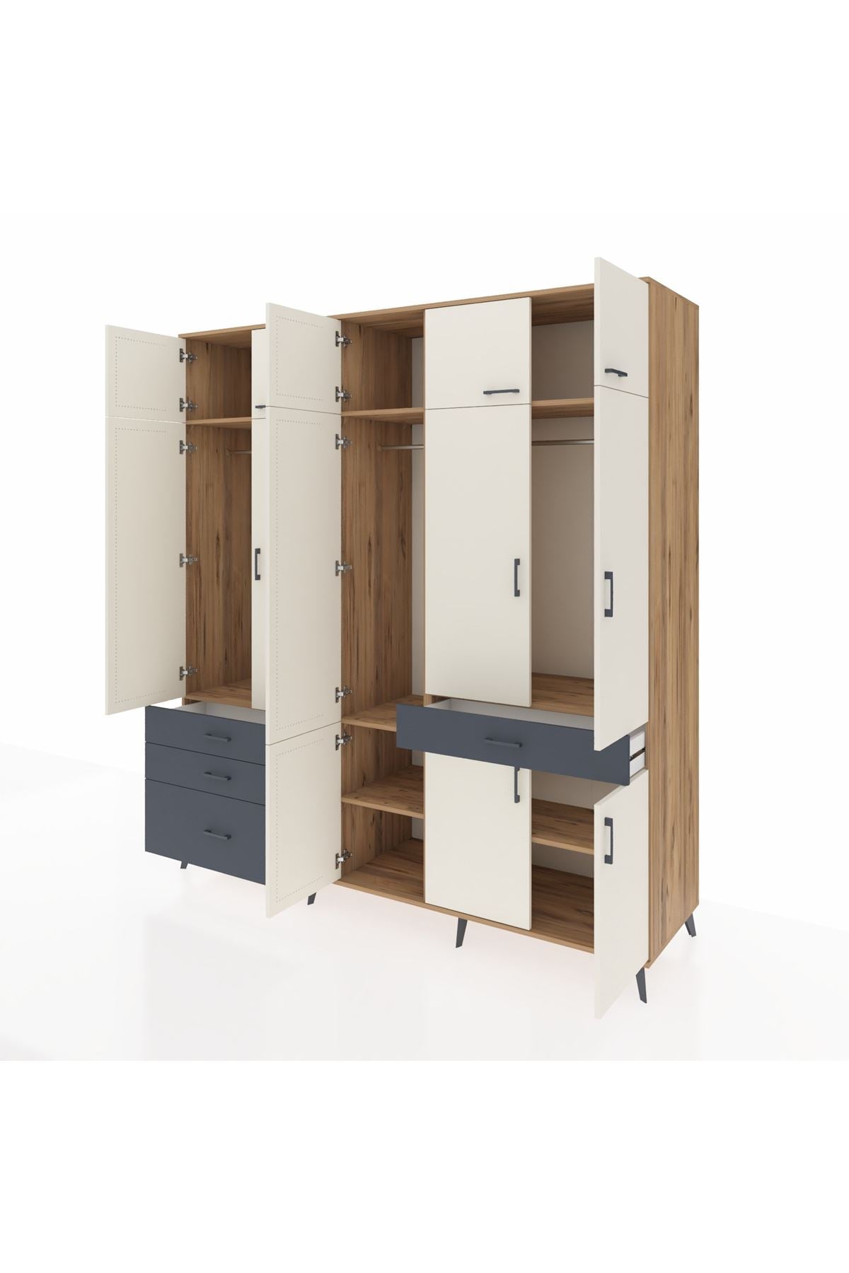 Kronos Dolap 8 Raflı 4 Çekmeceli 3 Askılı 220x59x243 Çam-Aytaşı/Antrasit