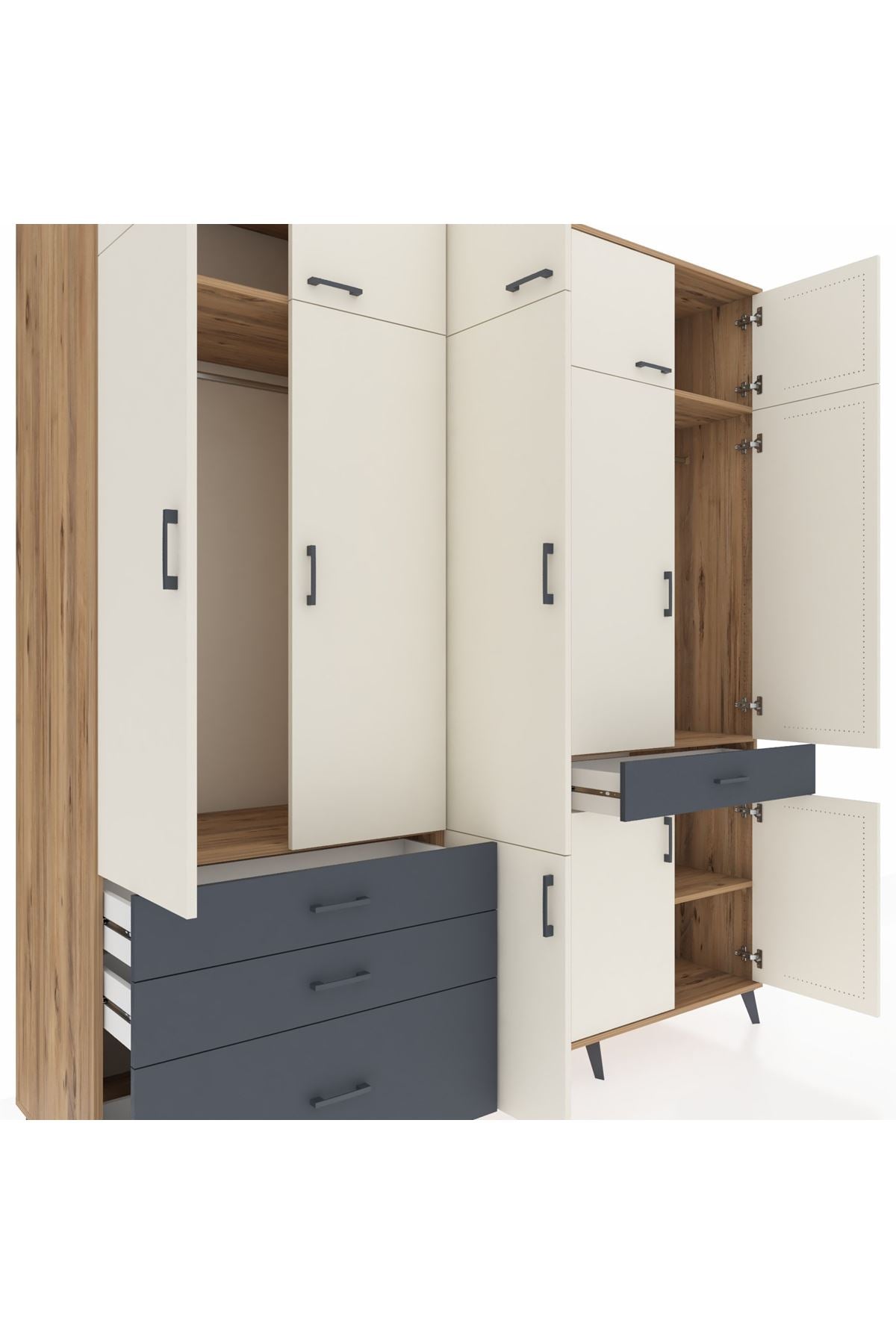 Kronos Dolap 8 Raflı 4 Çekmeceli 3 Askılı 220x59x243 Çam-Aytaşı/Antrasit