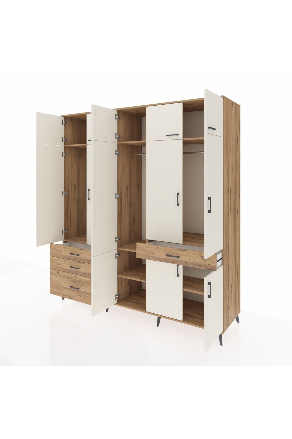 Kronos Dolap 8 Raflı 4 Çekmeceli 3 Askılı 220x59x243 Çam-Aytaşı/Çam