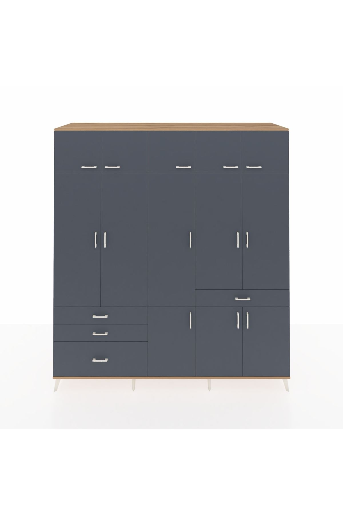 Kronos Dolap 8 Raflı 4 Çekmeceli 3 Askılı 220x59x243 Çam-Antrasit/Antrasit