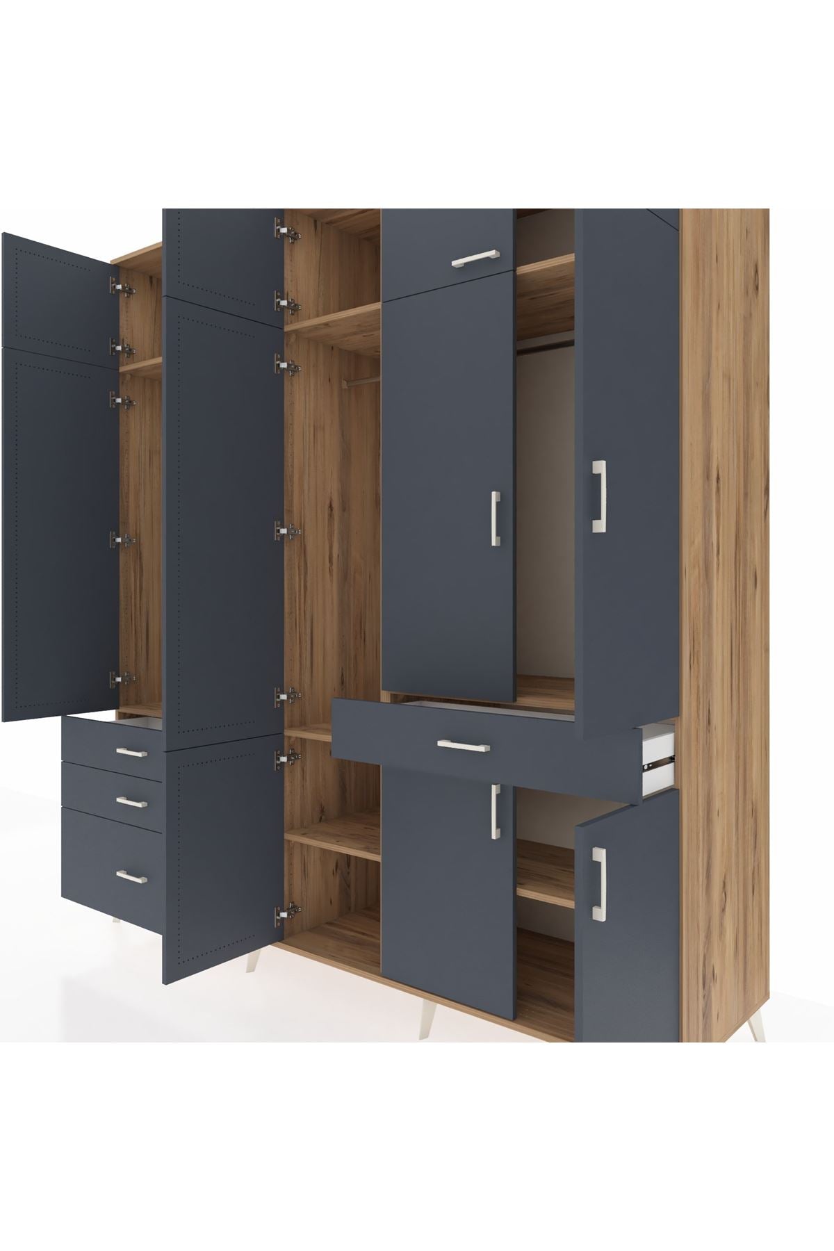 Kronos Dolap 8 Raflı 4 Çekmeceli 3 Askılı 220x59x243 Çam-Antrasit/Antrasit