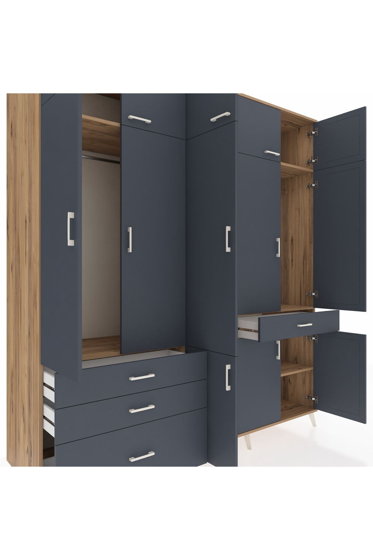 Kronos Dolap 8 Raflı 4 Çekmeceli 3 Askılı 220x59x243 Çam-Antrasit/Antrasit