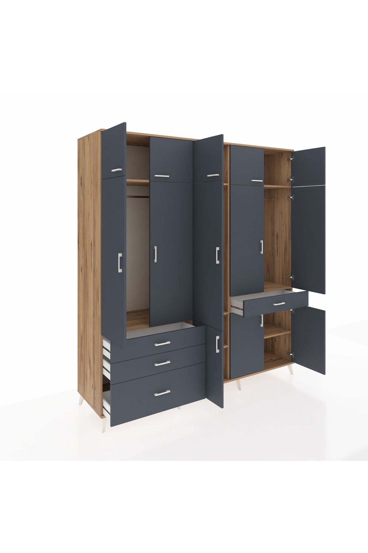 Kronos Dolap 8 Raflı 4 Çekmeceli 3 Askılı 220x59x243 Çam-Antrasit/Antrasit