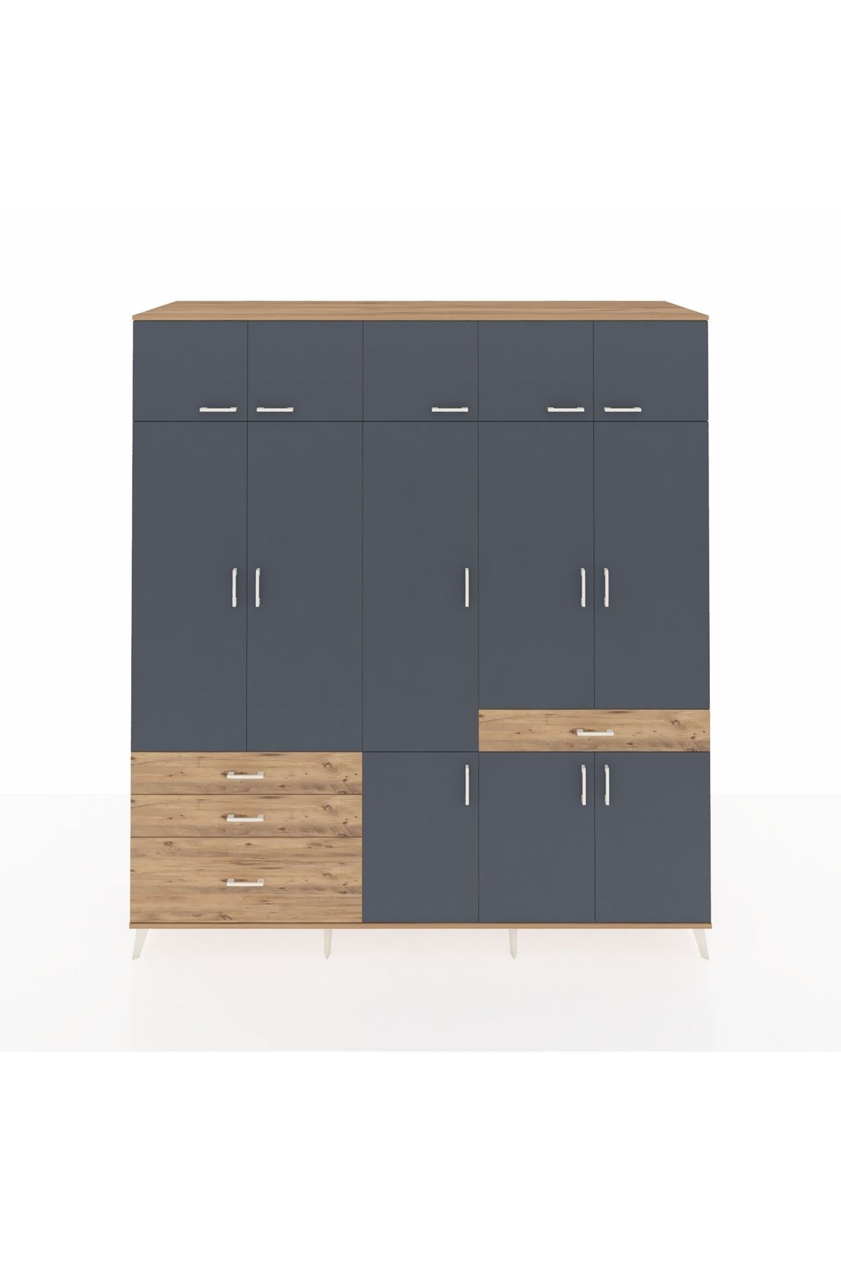 Kronos Dolap 8 Raflı 4 Çekmeceli 3 Askılı 220x59x243 Çam-Antrasit/Çam