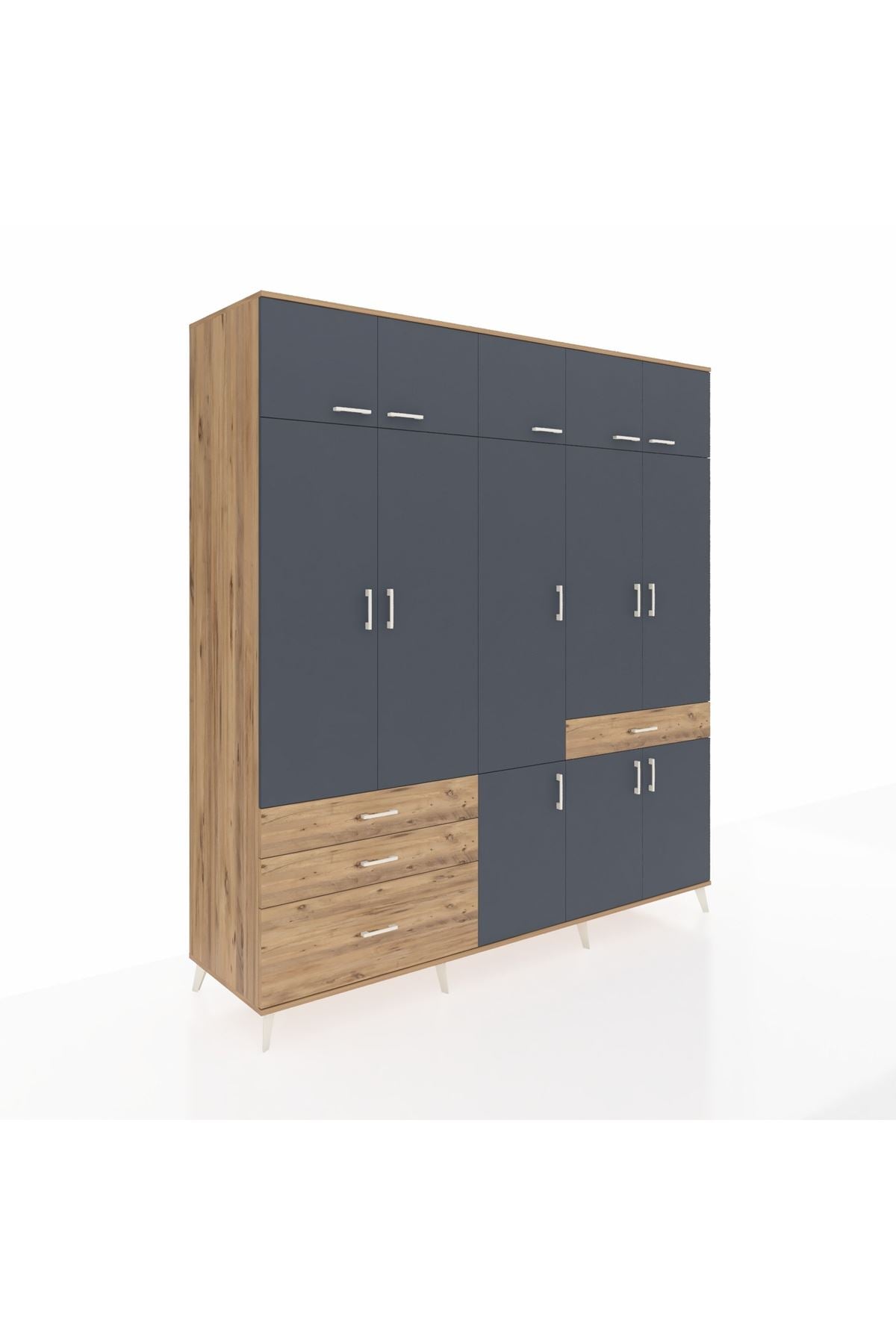 Kronos Dolap 8 Raflı 4 Çekmeceli 3 Askılı 220x59x243 Çam-Antrasit/Çam