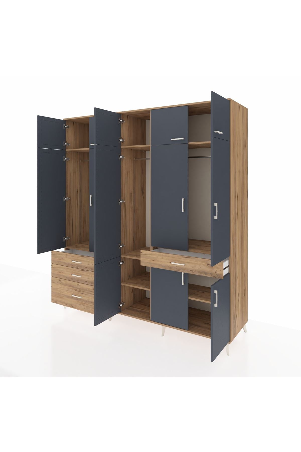 Kronos Dolap 8 Raflı 4 Çekmeceli 3 Askılı 220x59x243 Çam-Antrasit/Çam