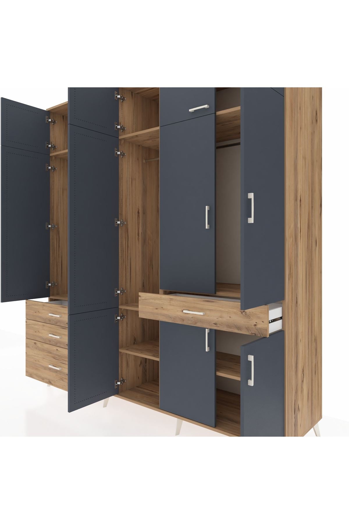 Kronos Dolap 8 Raflı 4 Çekmeceli 3 Askılı 220x59x243 Çam-Antrasit/Çam