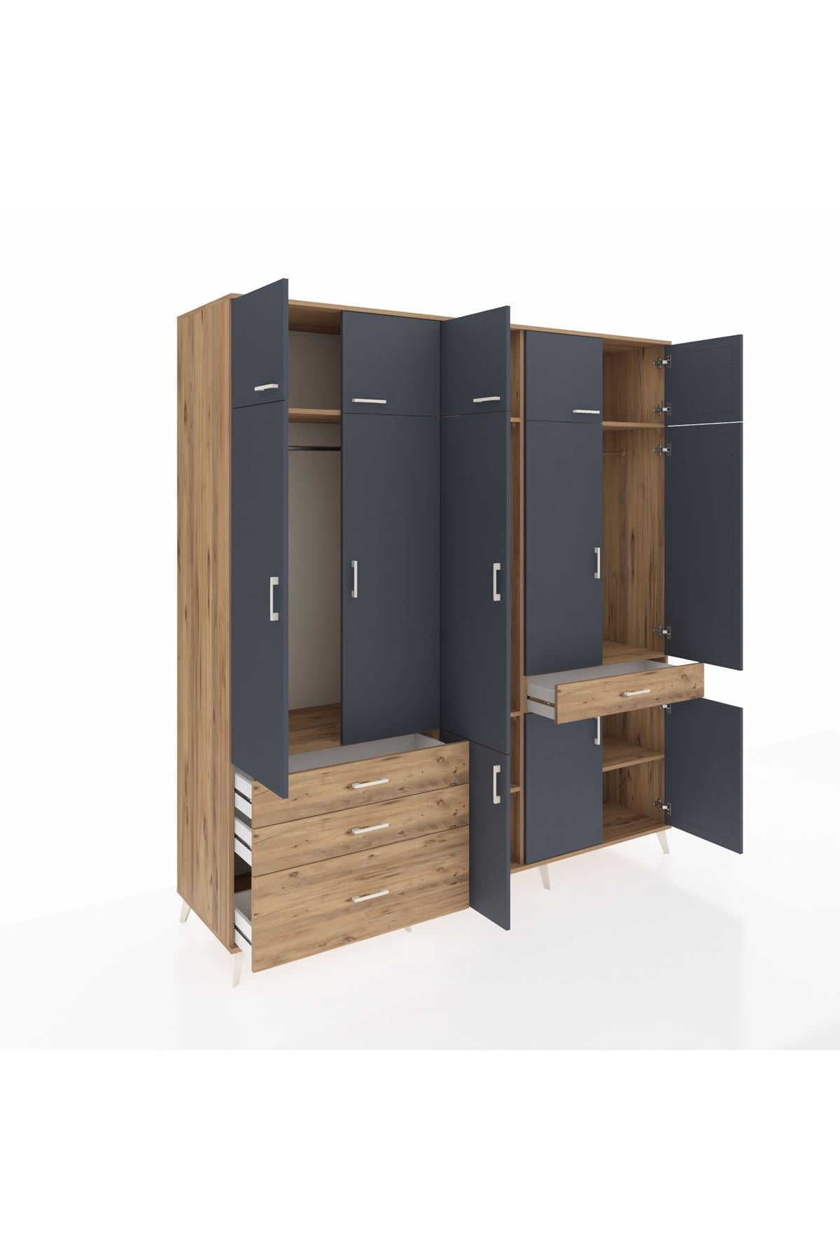 Kronos Dolap 8 Raflı 4 Çekmeceli 3 Askılı 220x59x243 Çam-Antrasit/Çam