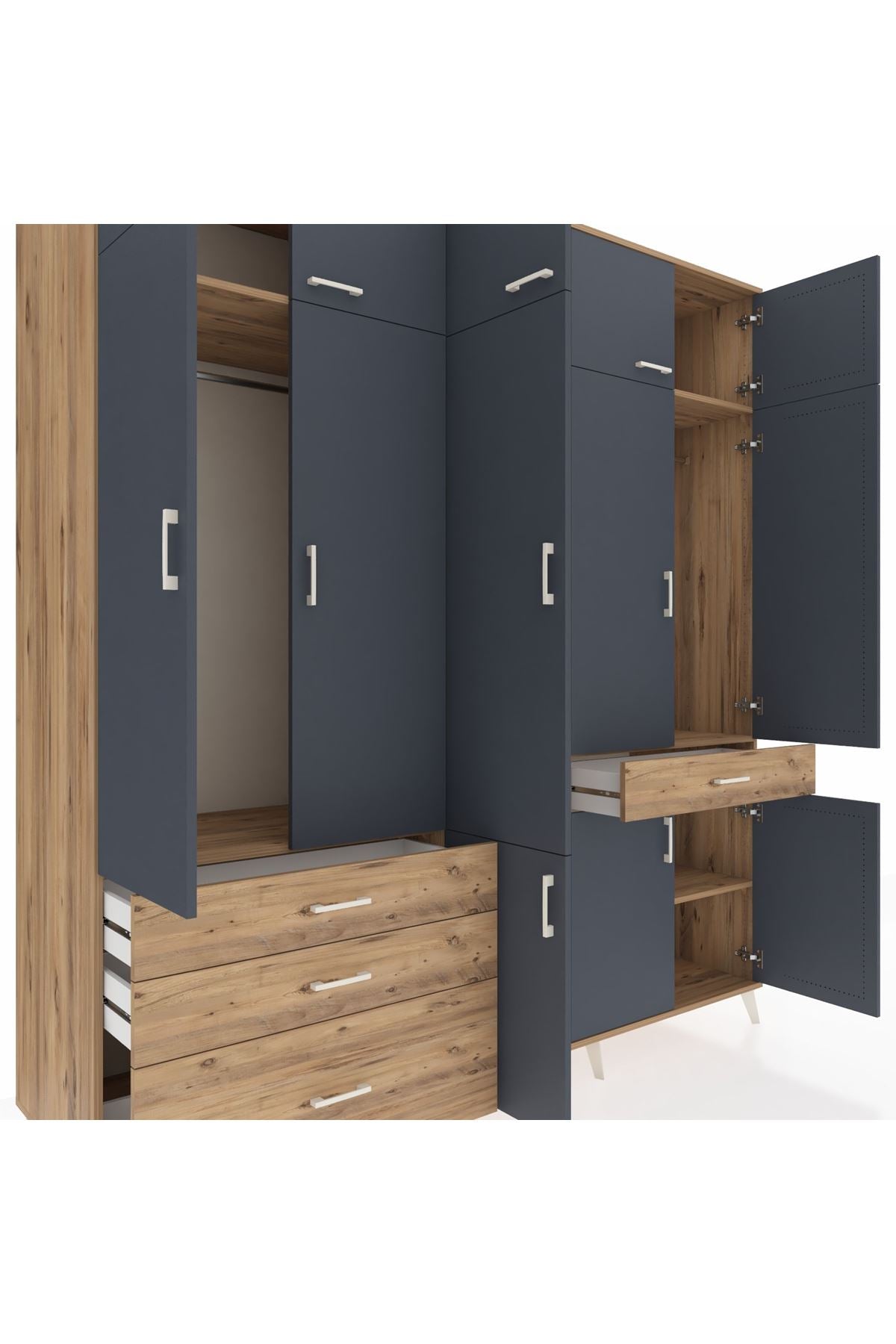 Kronos Dolap 8 Raflı 4 Çekmeceli 3 Askılı 220x59x243 Çam-Antrasit/Çam