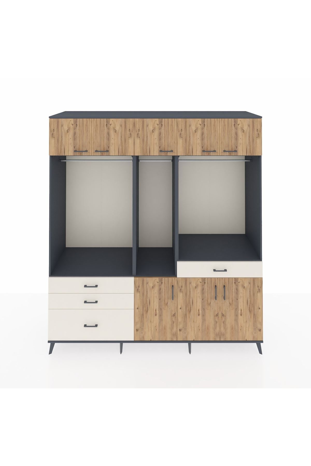 Kronos Dolap 8 Raflı 4 Çekmeceli 3 Askılı 220x59x243 Antrasit-Çam/Aytaşı