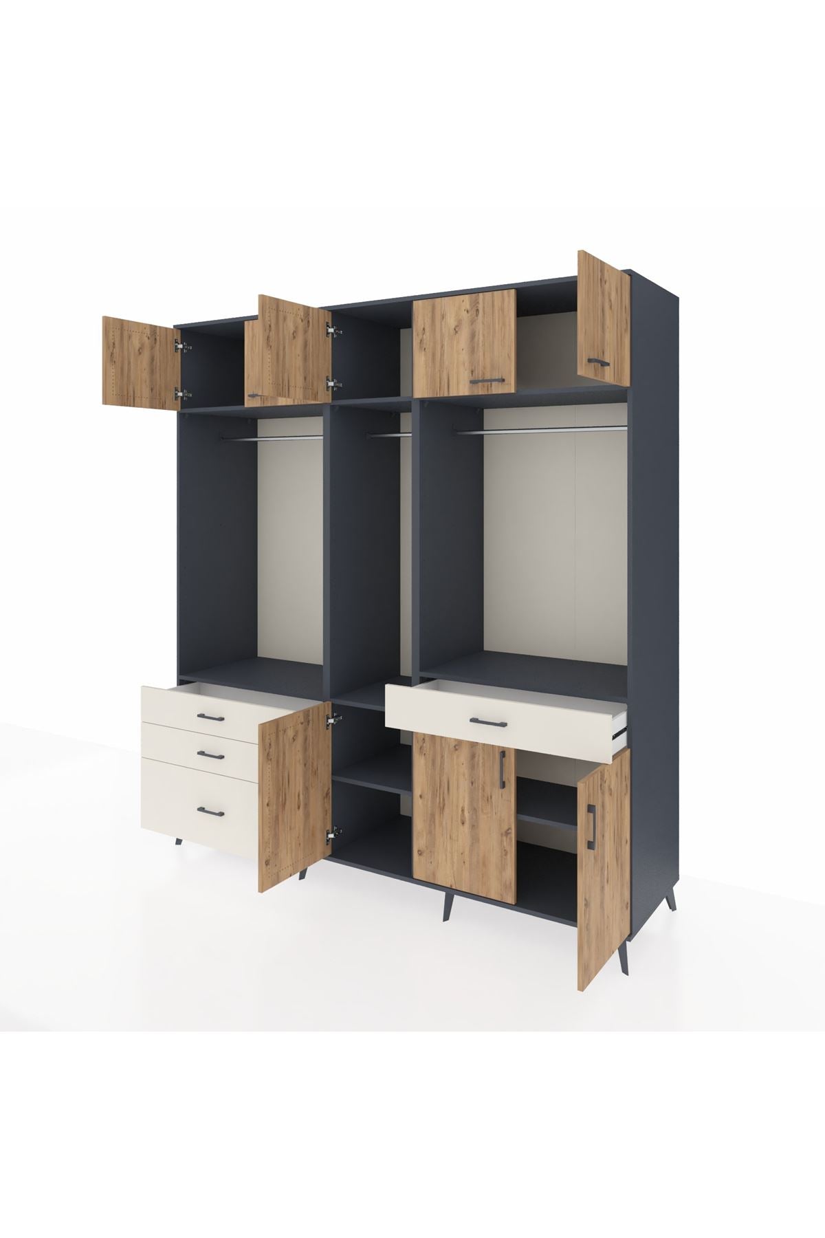Kronos Dolap 8 Raflı 4 Çekmeceli 3 Askılı 220x59x243 Antrasit-Çam/Aytaşı