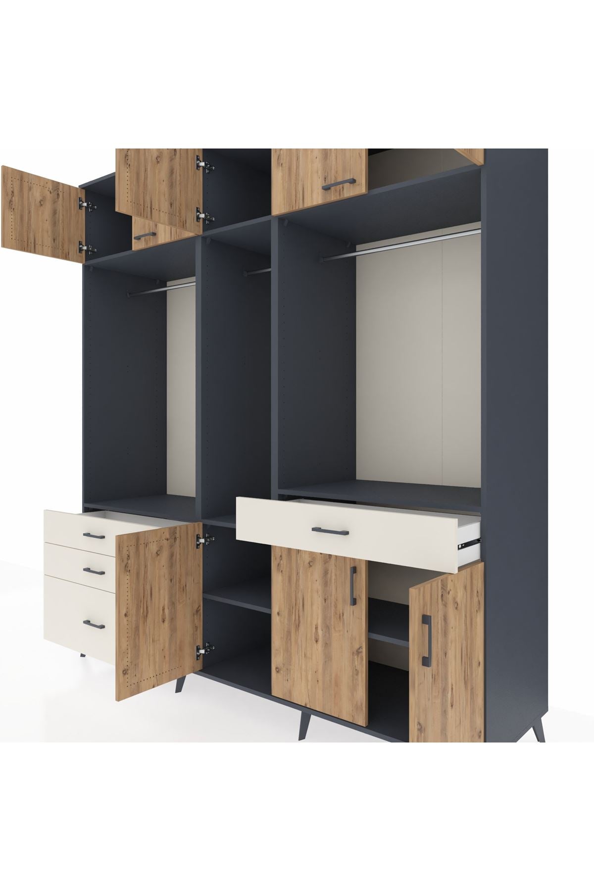 Kronos Dolap 8 Raflı 4 Çekmeceli 3 Askılı 220x59x243 Antrasit-Çam/Aytaşı