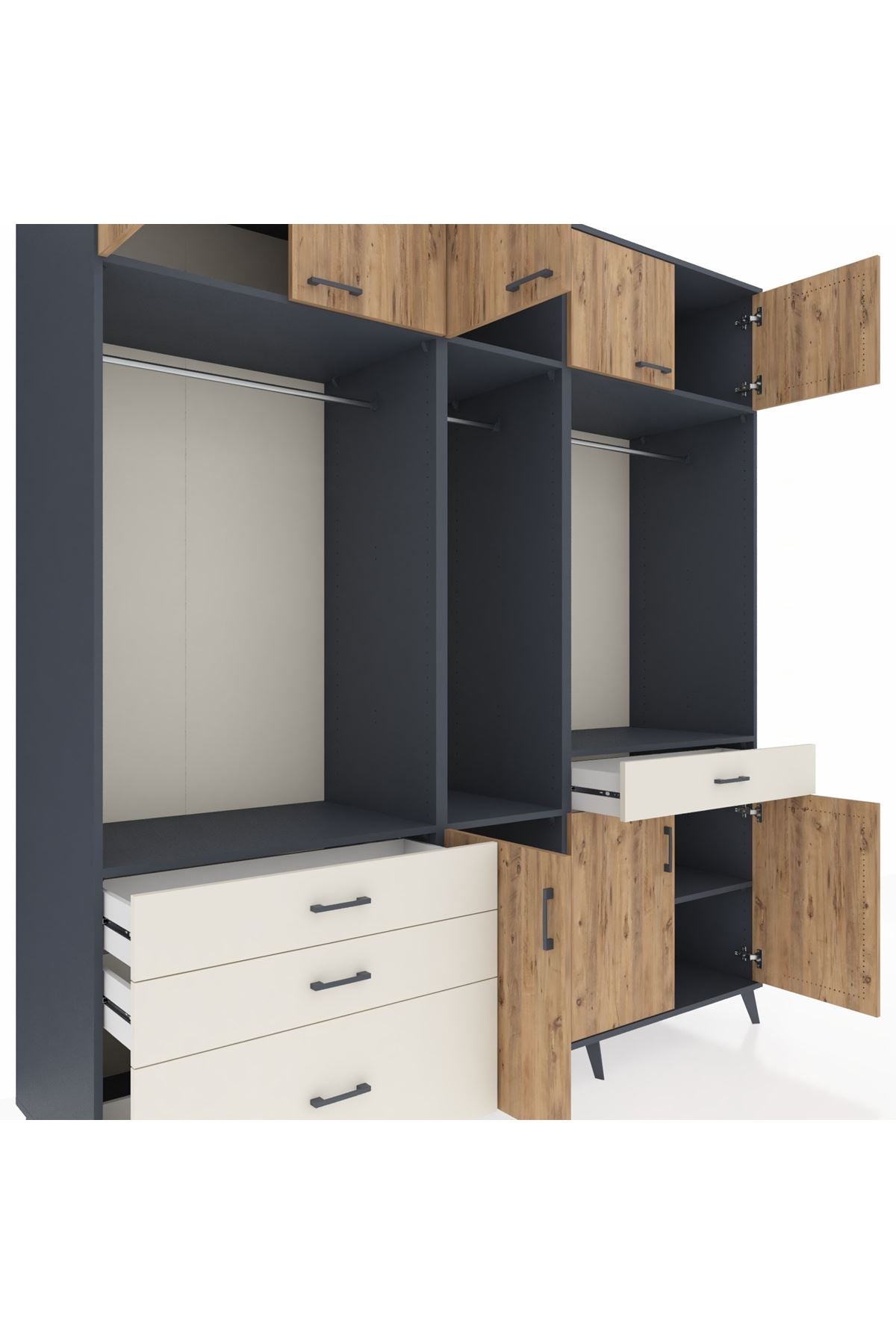 Kronos Dolap 8 Raflı 4 Çekmeceli 3 Askılı 220x59x243 Antrasit-Çam/Aytaşı