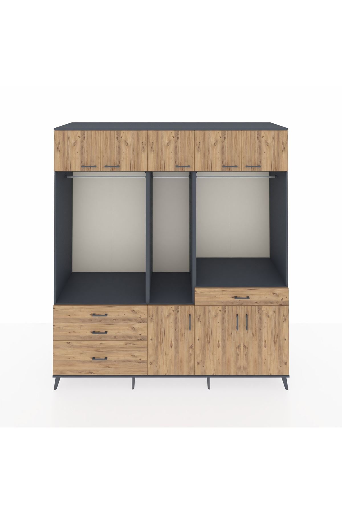 Kronos Dolap 8 Raflı 4 Çekmeceli 3 Askılı 220x59x243 Antrasit-Çam/Çam