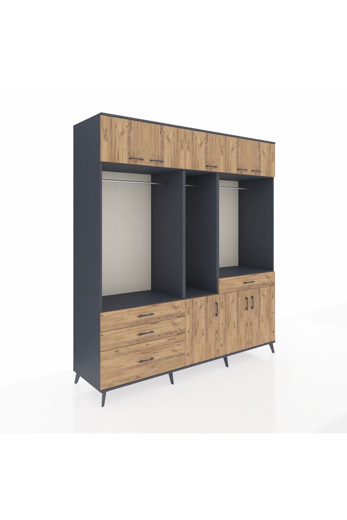 Kronos Dolap 8 Raflı 4 Çekmeceli 3 Askılı 220x59x243 Antrasit-Çam/Çam