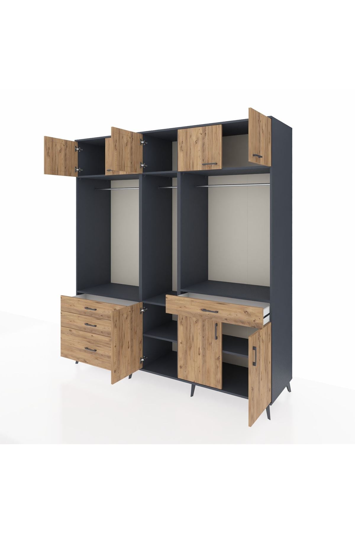 Kronos Dolap 8 Raflı 4 Çekmeceli 3 Askılı 220x59x243 Antrasit-Çam/Çam