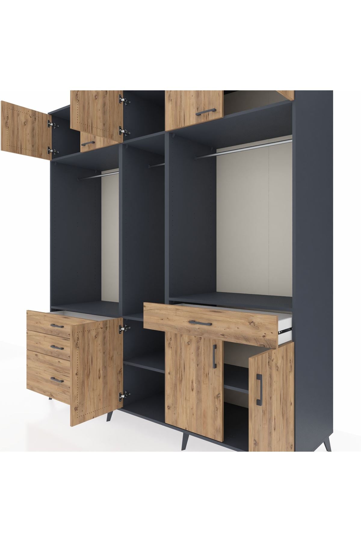 Kronos Dolap 8 Raflı 4 Çekmeceli 3 Askılı 220x59x243 Antrasit-Çam/Çam