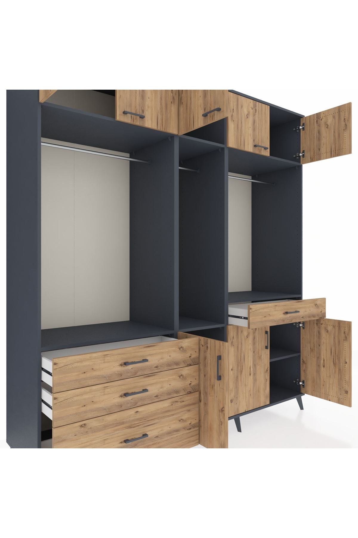 Kronos Dolap 8 Raflı 4 Çekmeceli 3 Askılı 220x59x243 Antrasit-Çam/Çam