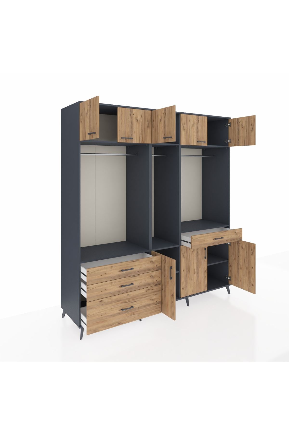 Kronos Dolap 8 Raflı 4 Çekmeceli 3 Askılı 220x59x243 Antrasit-Çam/Çam