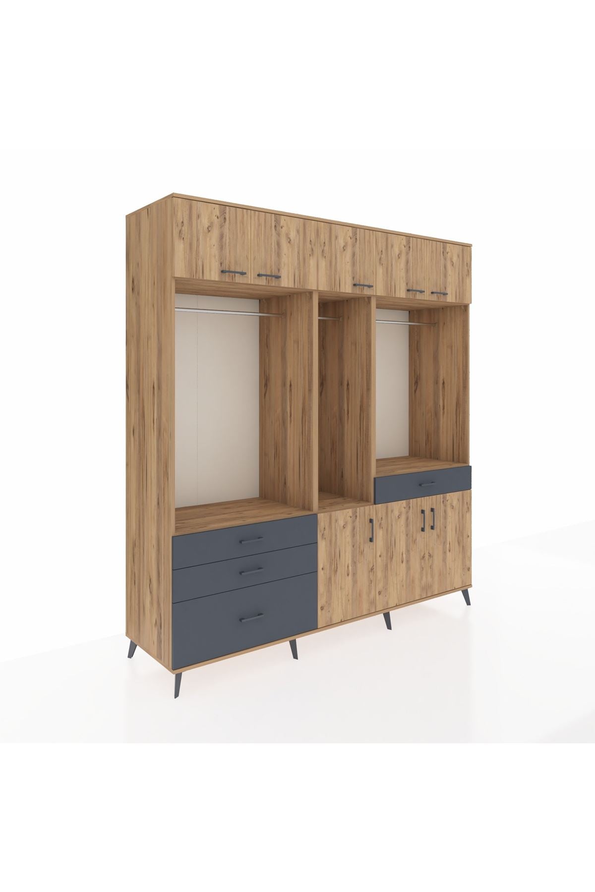 Kronos Dolap 8 Raflı 4 Çekmeceli 3 Askılı 220x59x243 Çam-Çam/Antrasit