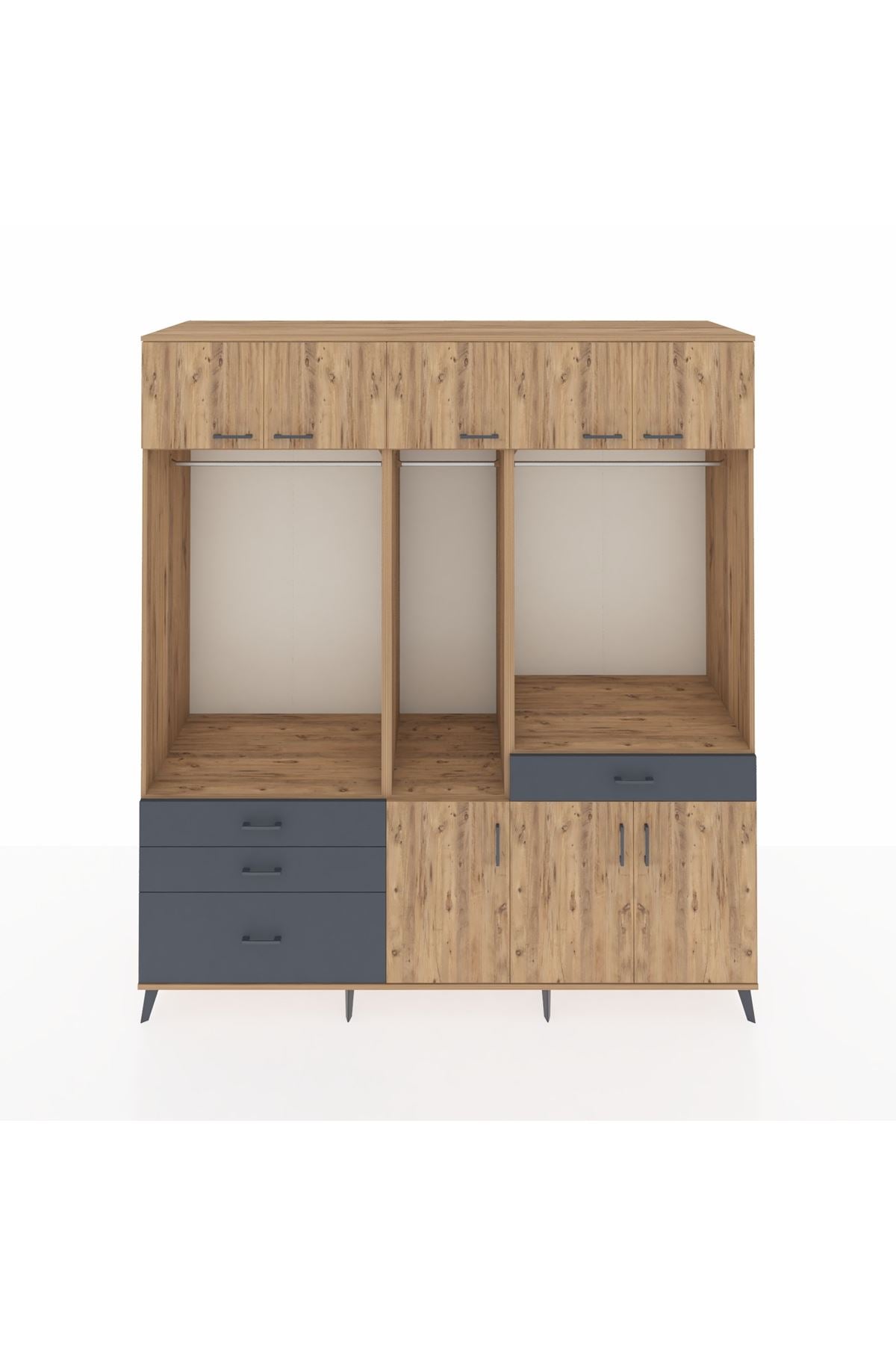 Kronos Dolap 8 Raflı 4 Çekmeceli 3 Askılı 220x59x243 Çam-Çam/Antrasit