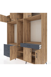 Kronos Dolap 8 Raflı 4 Çekmeceli 3 Askılı 220x59x243 Çam-Çam/Antrasit