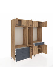 Kronos Dolap 8 Raflı 4 Çekmeceli 3 Askılı 220x59x243 Çam-Çam/Antrasit