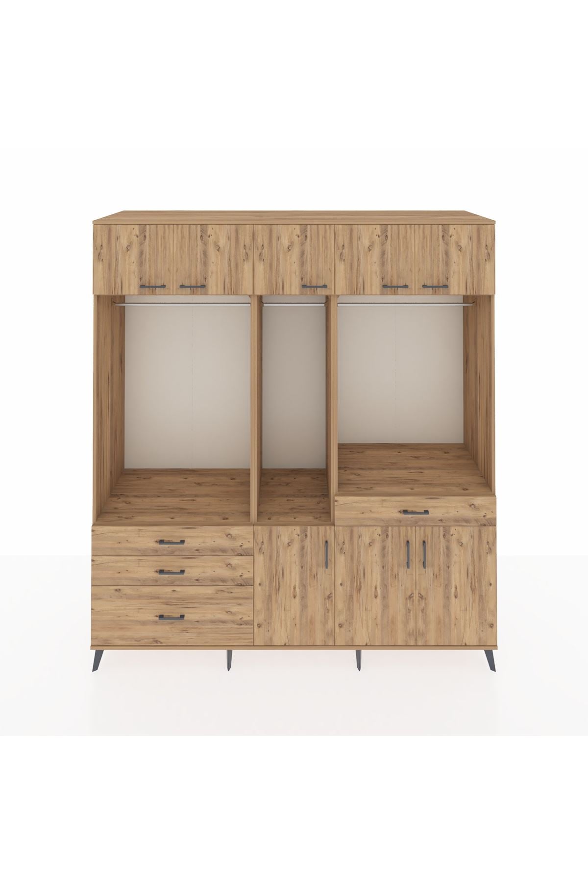 Kronos Dolap 8 Raflı 4 Çekmeceli 3 Askılı 220x59x243 Çam-Çam/Çam