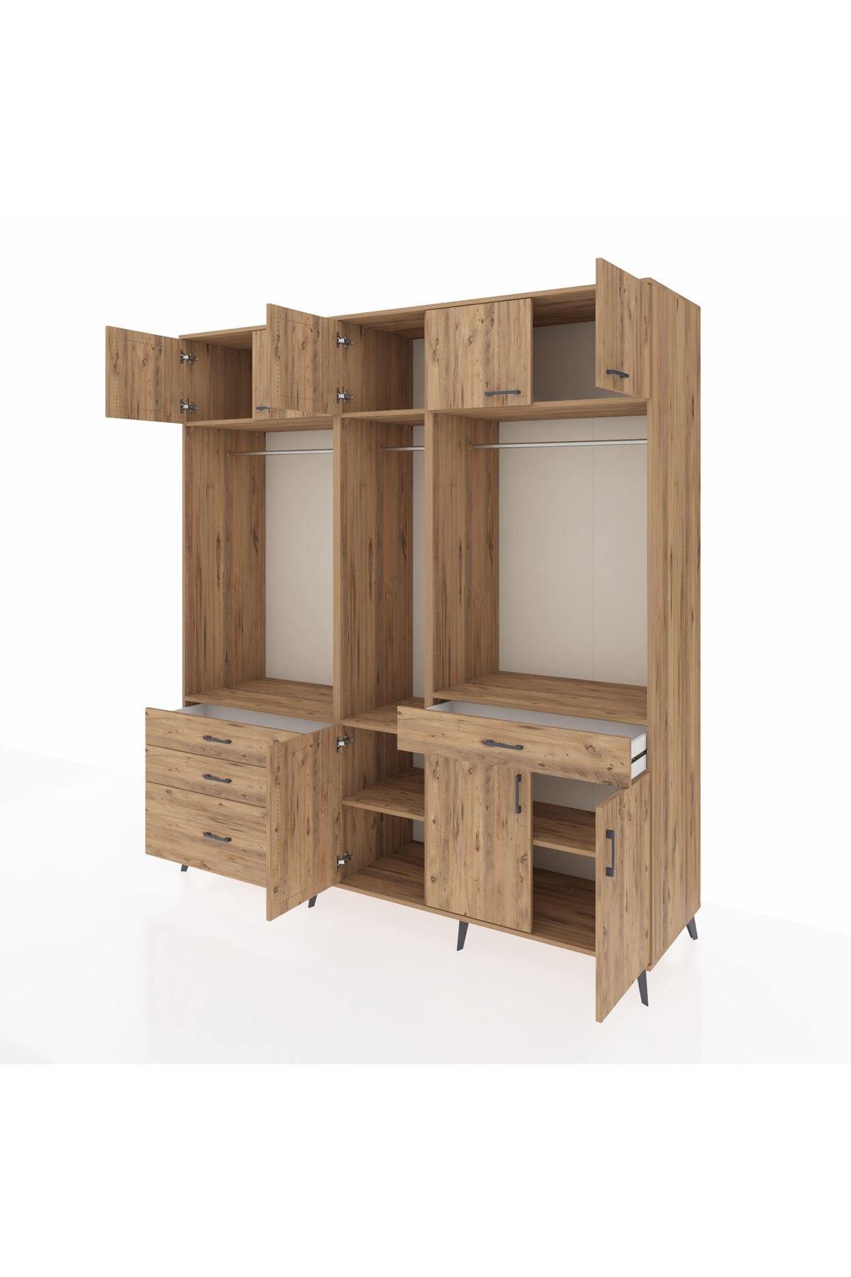 Kronos Dolap 8 Raflı 4 Çekmeceli 3 Askılı 220x59x243 Çam-Çam/Çam