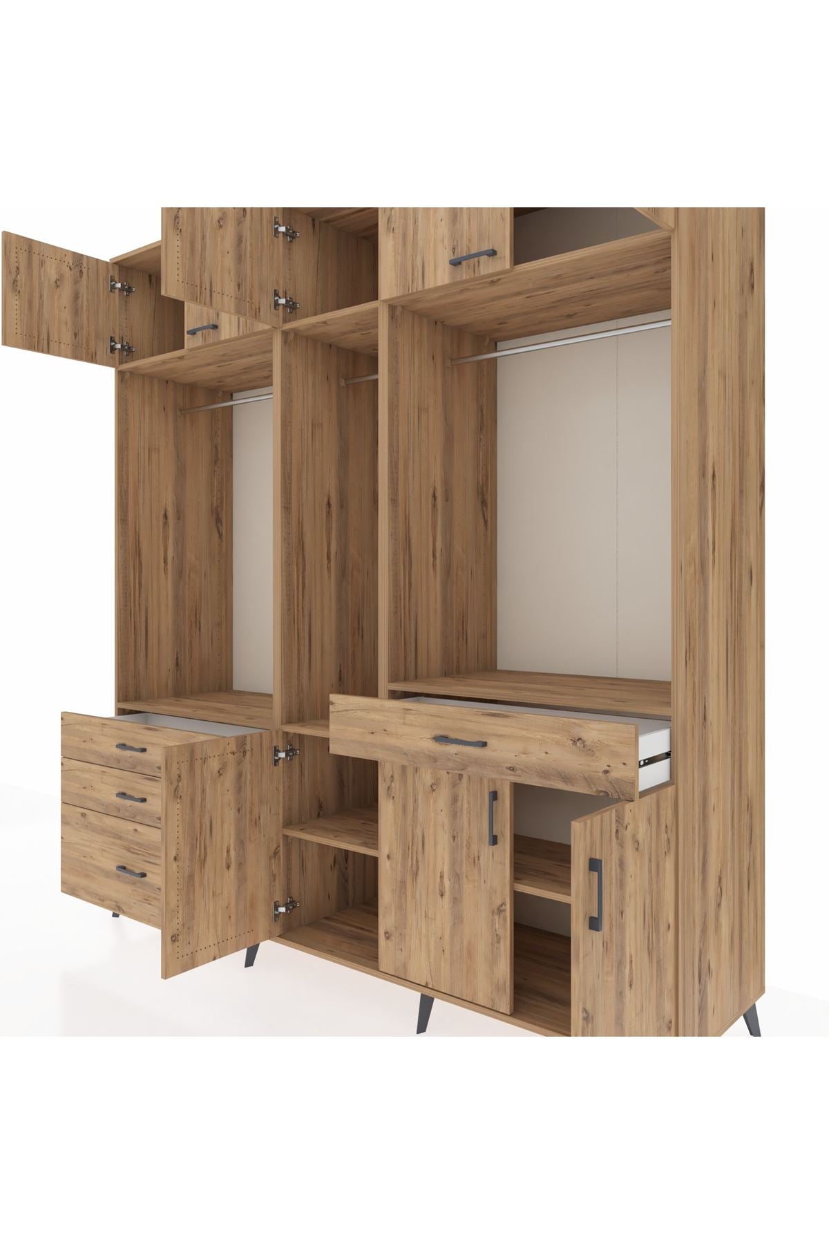 Kronos Dolap 8 Raflı 4 Çekmeceli 3 Askılı 220x59x243 Çam-Çam/Çam