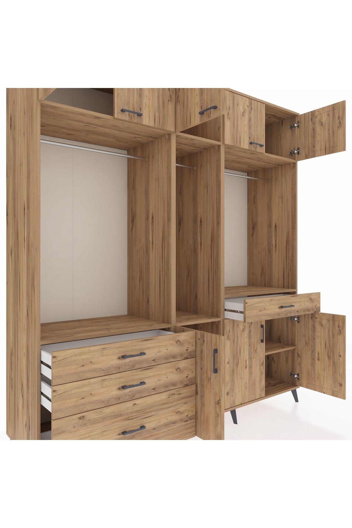 Kronos Dolap 8 Raflı 4 Çekmeceli 3 Askılı 220x59x243 Çam-Çam/Çam