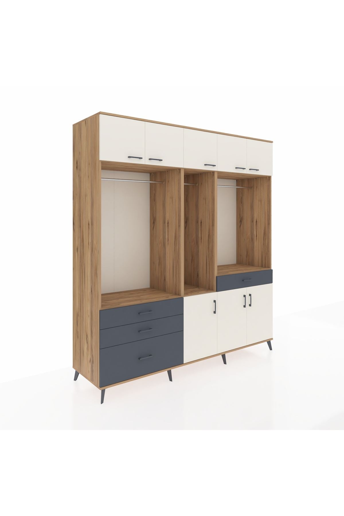 Kronos Dolap 8 Raflı 4 Çekmeceli 3 Askılı 220x59x243 Çam-Aytaşı/Antrasit