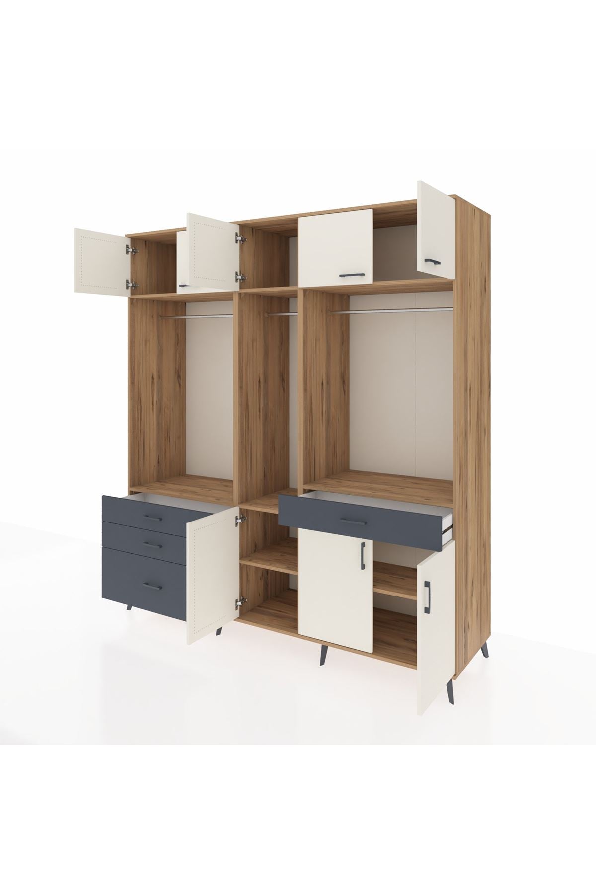 Kronos Dolap 8 Raflı 4 Çekmeceli 3 Askılı 220x59x243 Çam-Aytaşı/Antrasit