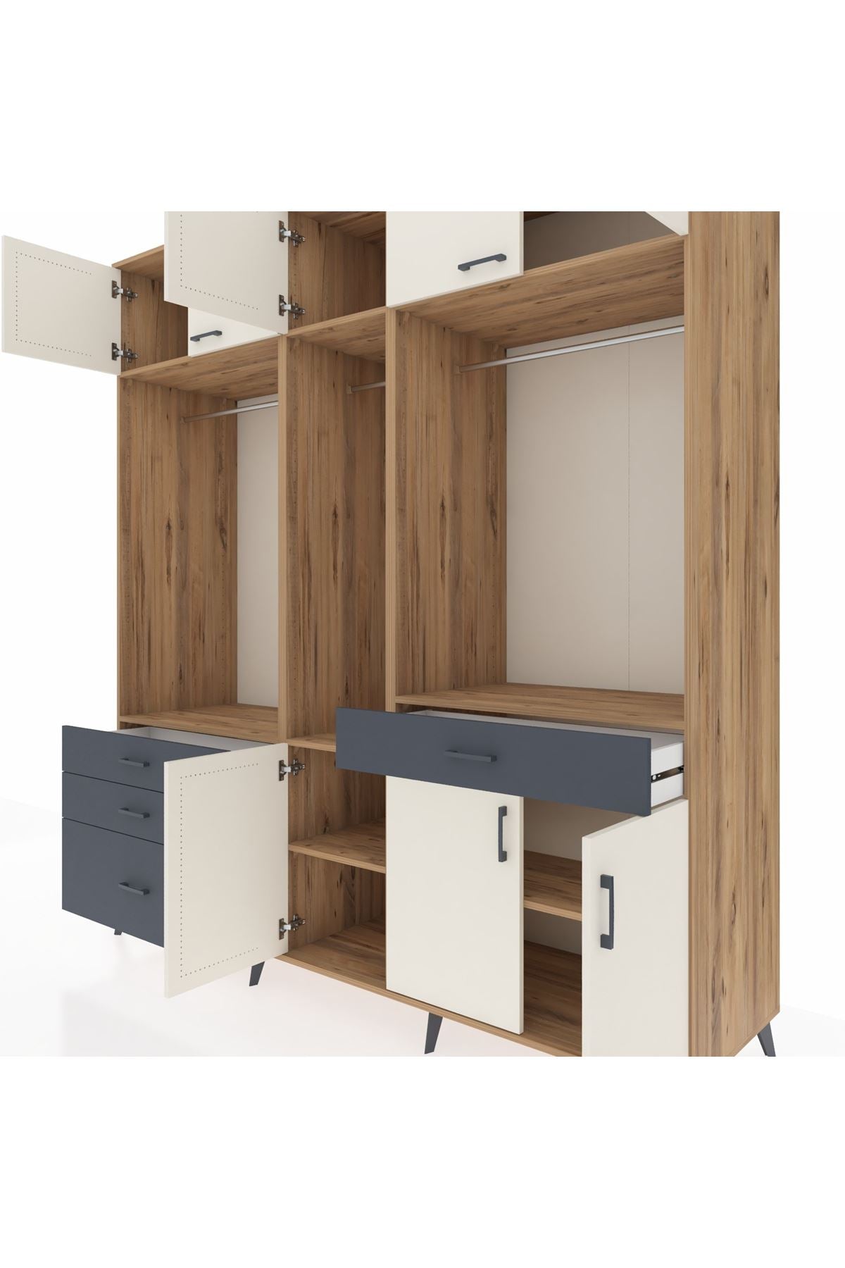 Kronos Dolap 8 Raflı 4 Çekmeceli 3 Askılı 220x59x243 Çam-Aytaşı/Antrasit