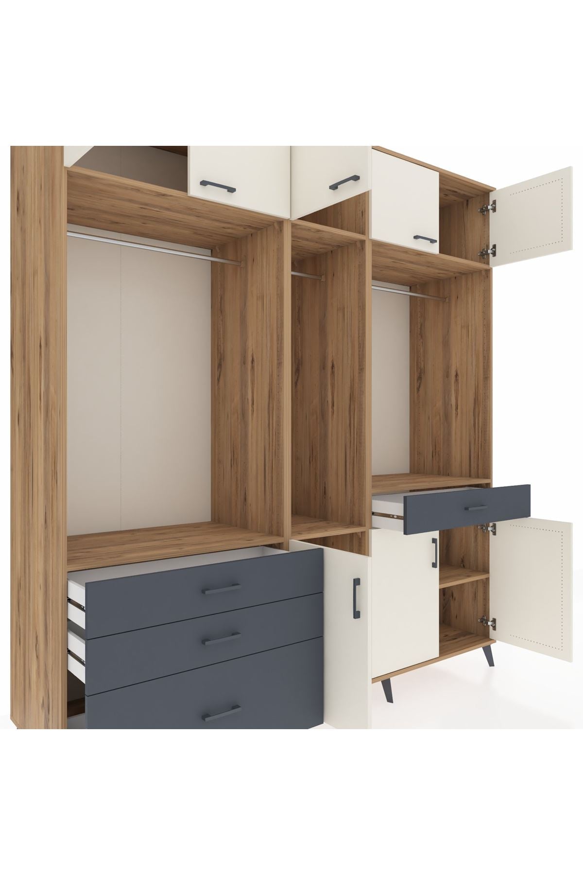Kronos Dolap 8 Raflı 4 Çekmeceli 3 Askılı 220x59x243 Çam-Aytaşı/Antrasit