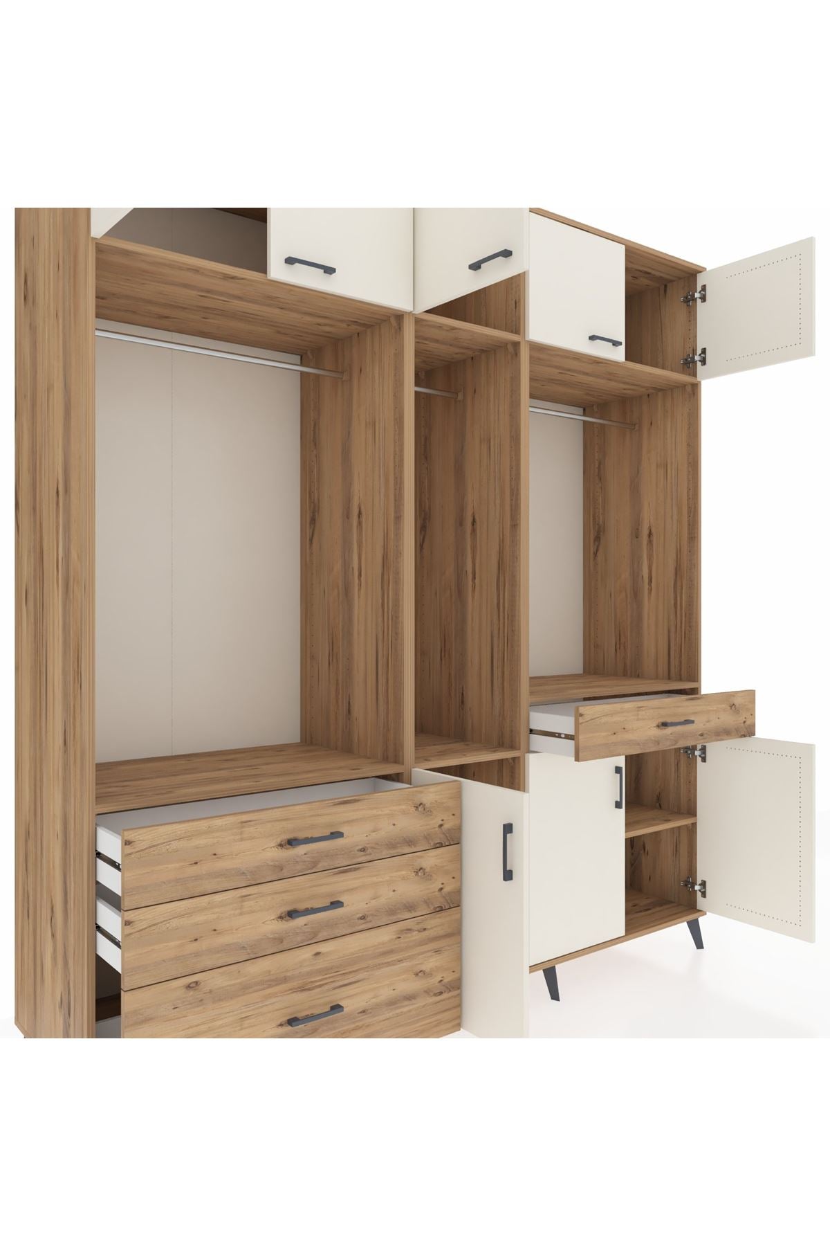 Kronos Dolap 8 Raflı 4 Çekmeceli 3 Askılı 220x59x243 Çam-Aytaşı/Çam