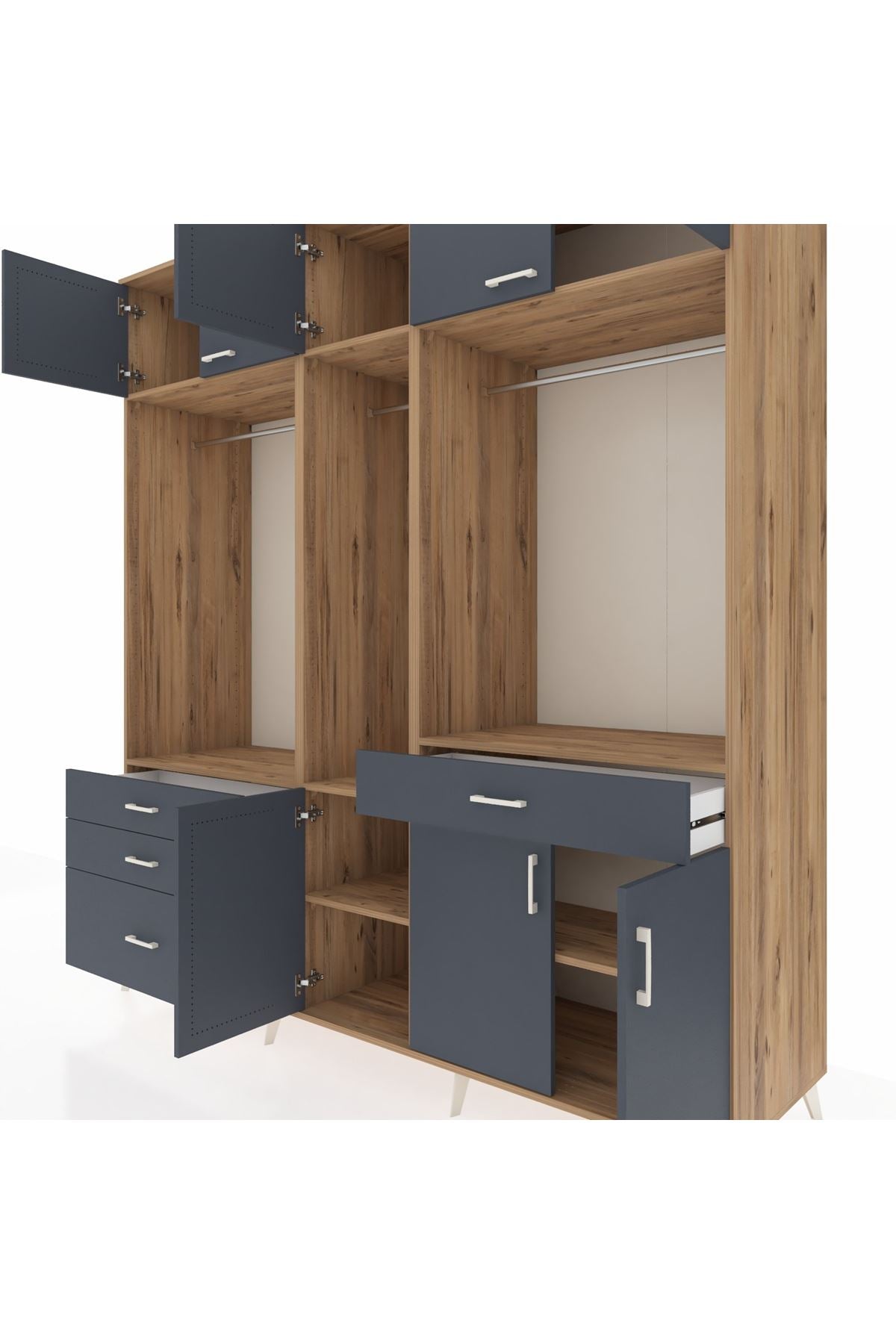 Kronos Dolap 8 Raflı 4 Çekmeceli 3 Askılı 220x59x243 Çam-Antrasit/Antrasit