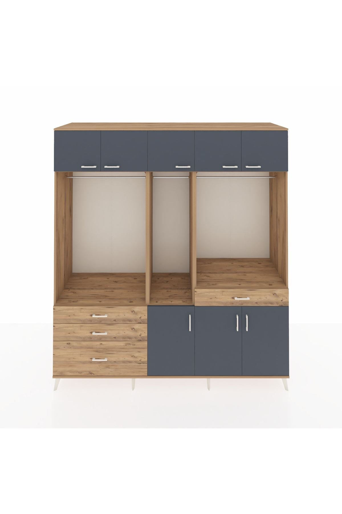 Kronos Dolap 8 Raflı 4 Çekmeceli 3 Askılı 220x59x243 Çam-Antrasit/Çam