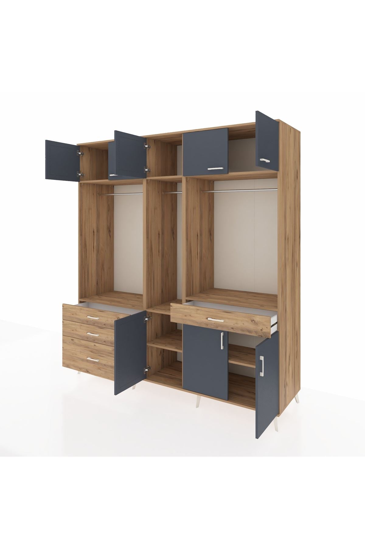 Kronos Dolap 8 Raflı 4 Çekmeceli 3 Askılı 220x59x243 Çam-Antrasit/Çam