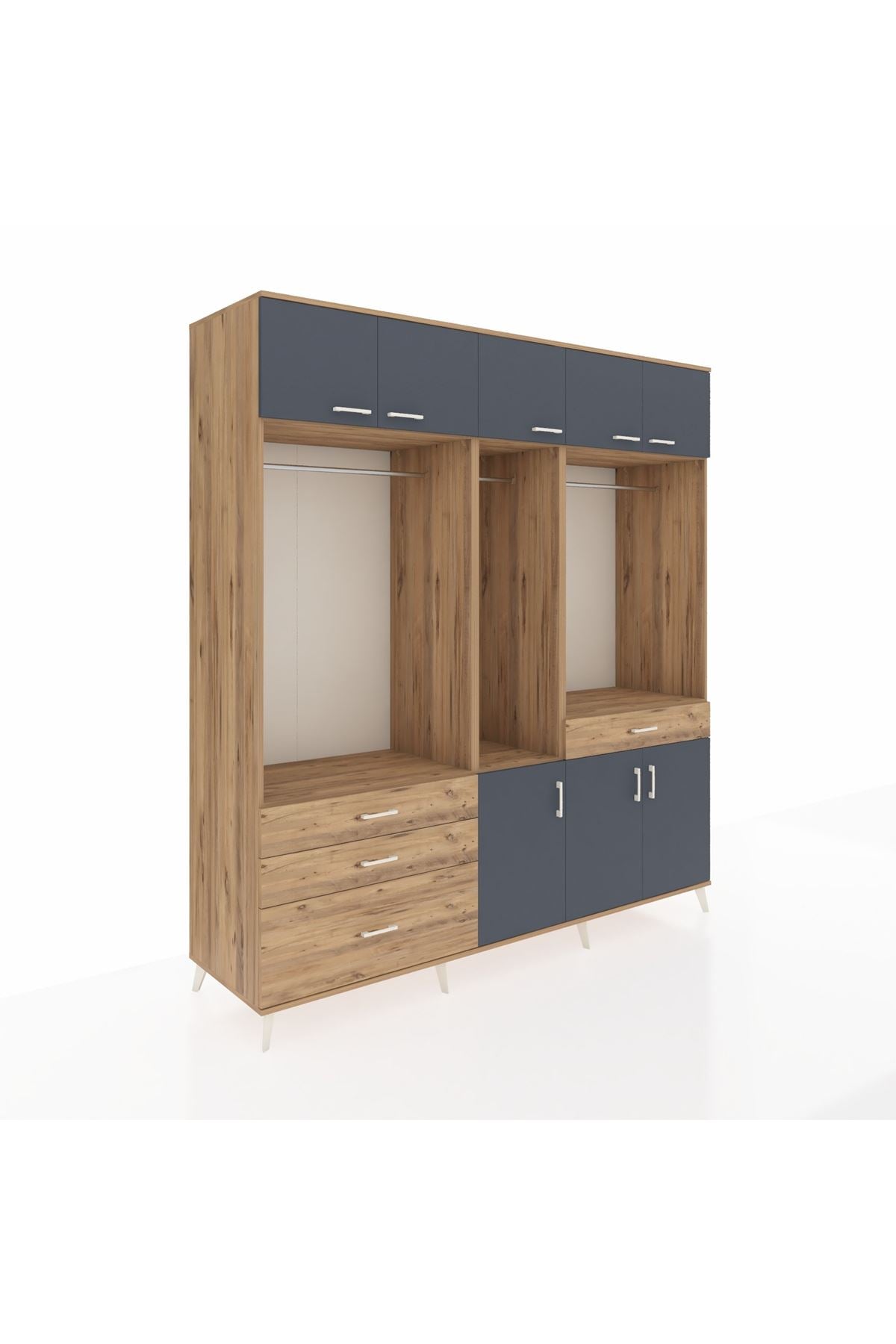 Kronos Dolap 8 Raflı 4 Çekmeceli 3 Askılı 220x59x243 Çam-Antrasit/Çam