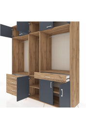 Kronos Dolap 8 Raflı 4 Çekmeceli 3 Askılı 220x59x243 Çam-Antrasit/Çam