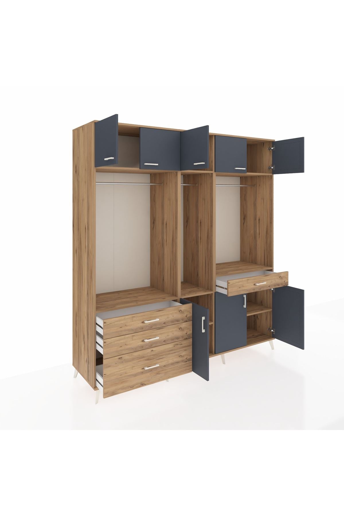 Kronos Dolap 8 Raflı 4 Çekmeceli 3 Askılı 220x59x243 Çam-Antrasit/Çam