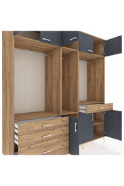 Kronos Dolap 8 Raflı 4 Çekmeceli 3 Askılı 220x59x243 Çam-Antrasit/Çam