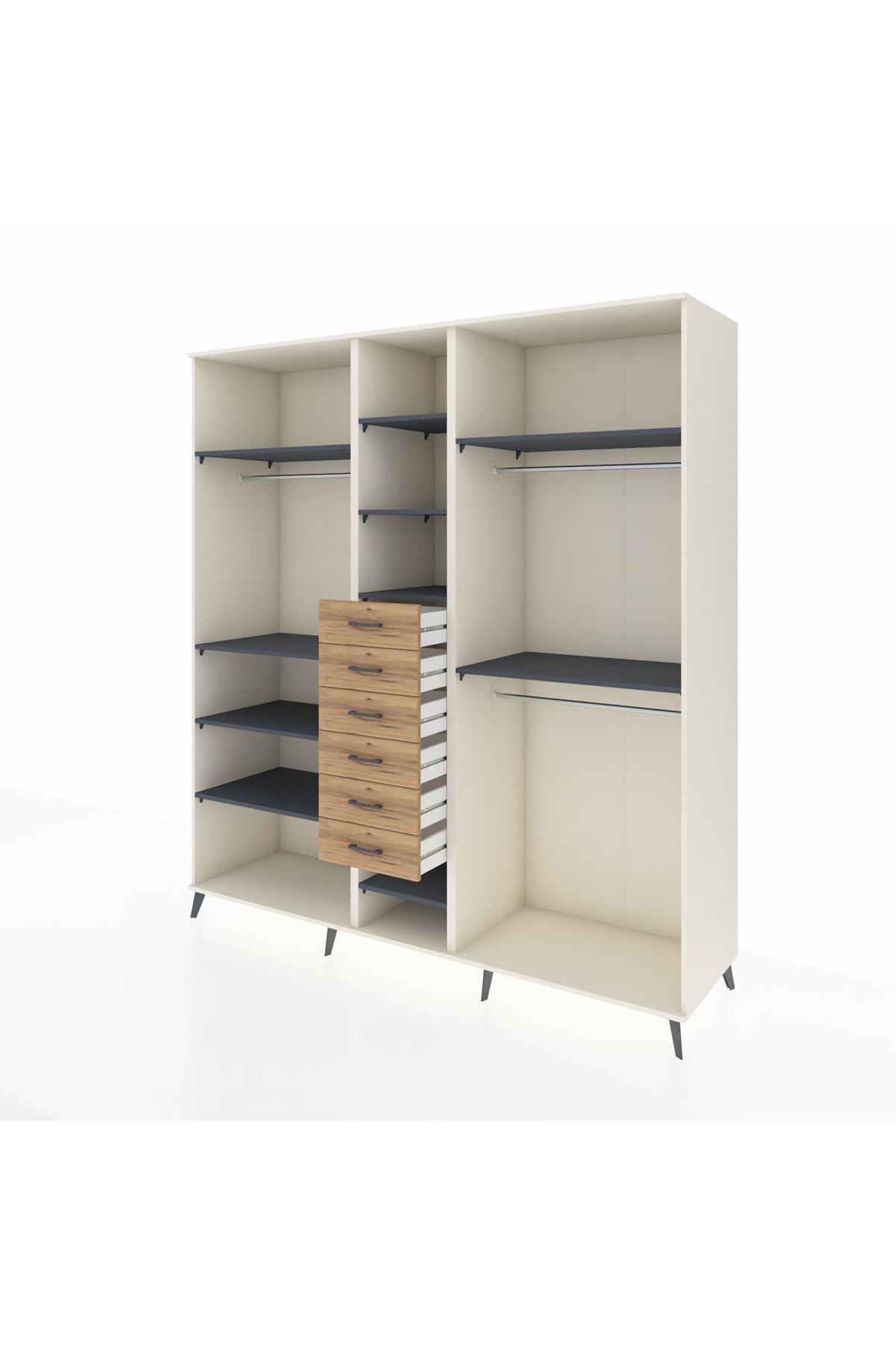 Kronos Dolap 10 Raflı 6 Çekmeceli 3 Askılı 220x59x243 Aytaşı-Antrasit/Çam