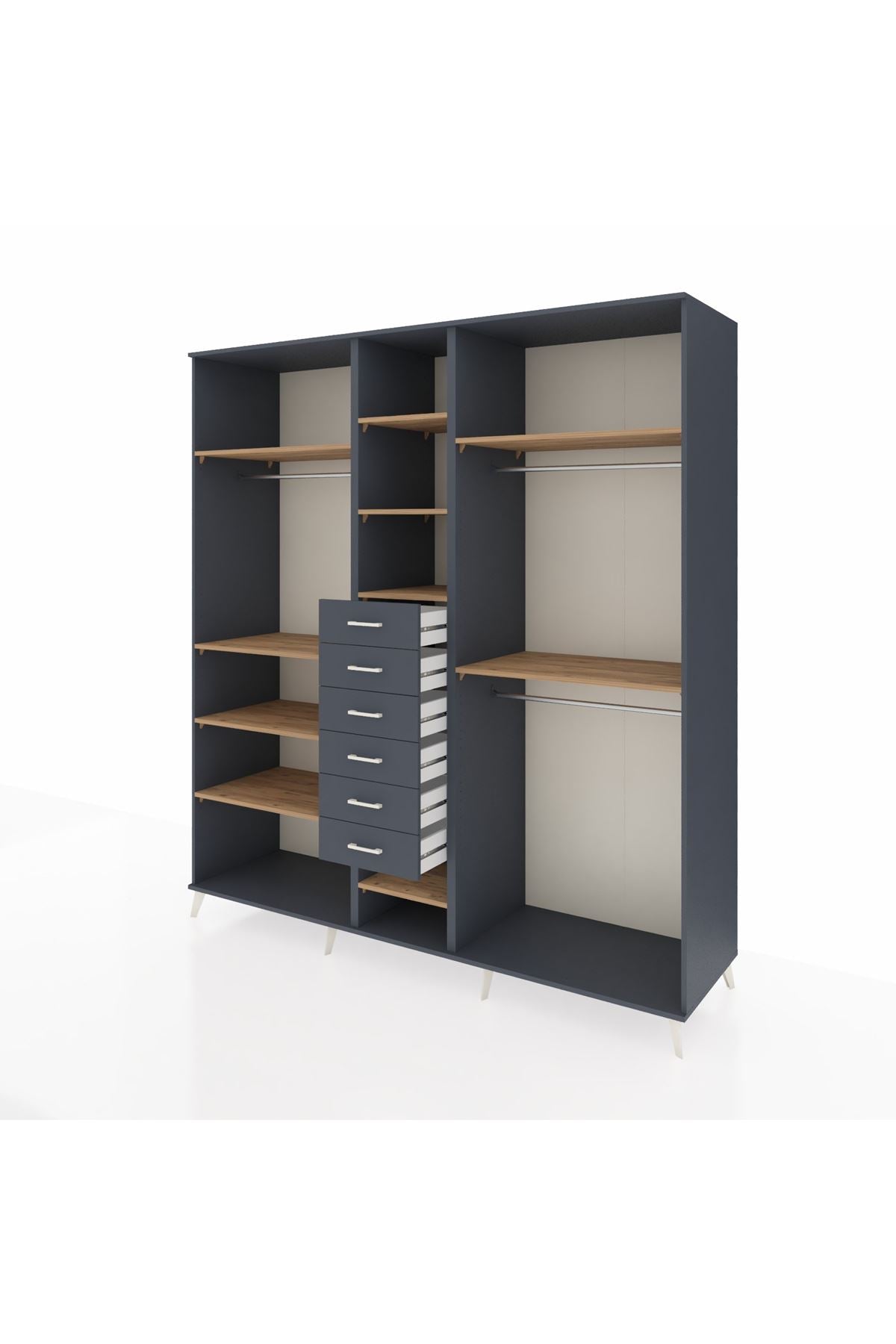 Kronos Dolap 10 Raflı 6 Çekmeceli 3 Askılı 220x59x243 Antrasit-Çam/Antrasit