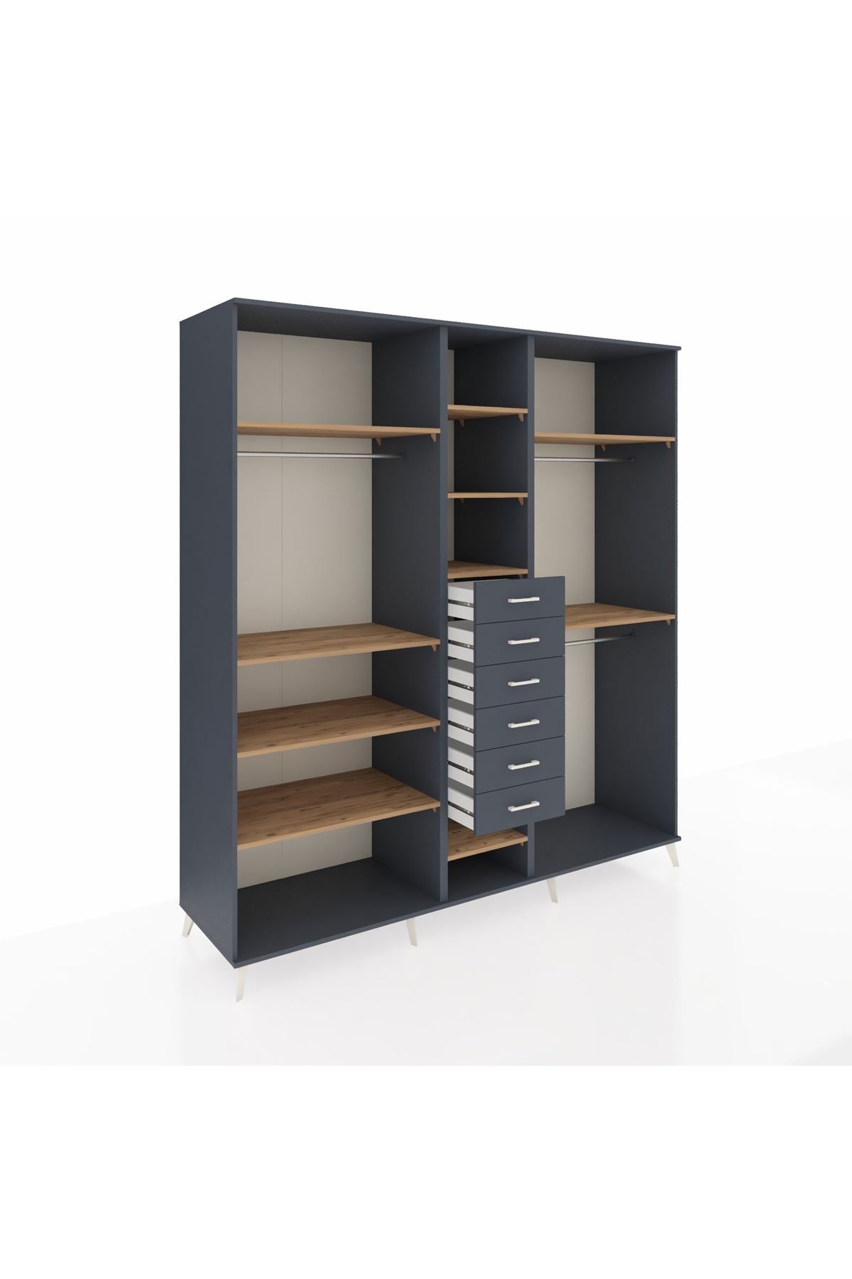 Kronos Dolap 10 Raflı 6 Çekmeceli 3 Askılı 220x59x243 Antrasit-Çam/Antrasit