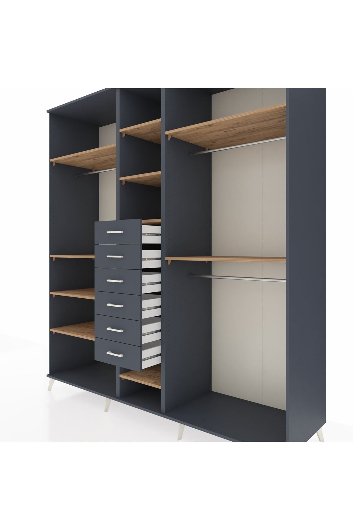 Kronos Dolap 10 Raflı 6 Çekmeceli 3 Askılı 220x59x243 Antrasit-Çam/Antrasit